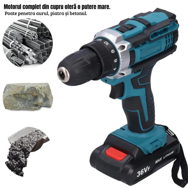 DrillMaster | Taladro eléctrico con percusión y batería (Set completo alemán)