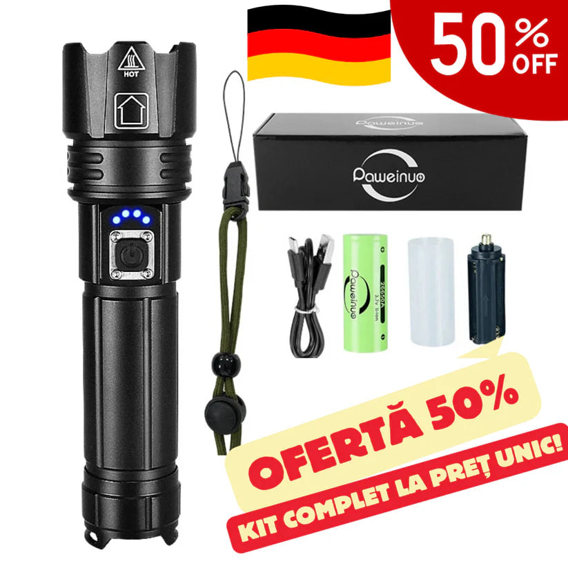 Set de Linterna táctica con Láser alemán + Caja + Batería adicional GRATIS – TitanLux™